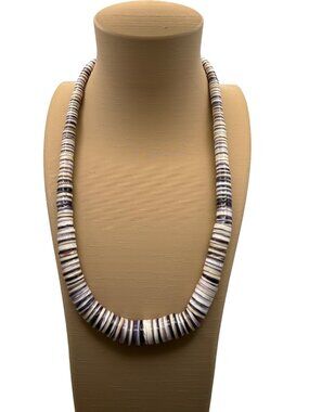 Artisan Wampum Shell Heishi Necklace Graduated Purple White Quahog Disc Beaded
